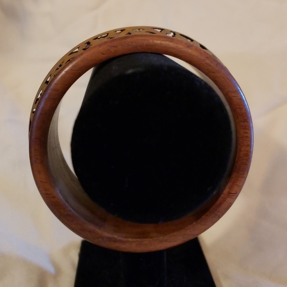 Vintage Wood & Brass Filigree Boho Bangle - Picture 2 of 4
